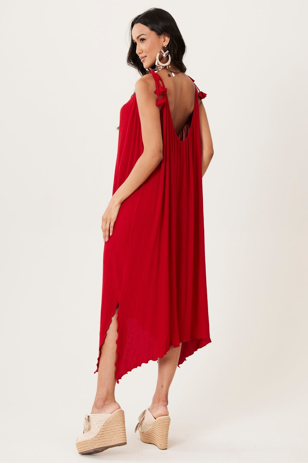 Vestido Midi Com Alças De Amarrar Vermelho Yacamim C20