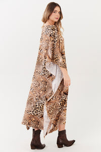 Kaftan Midi E Fendas Laterais Animal Print Yacamim J2