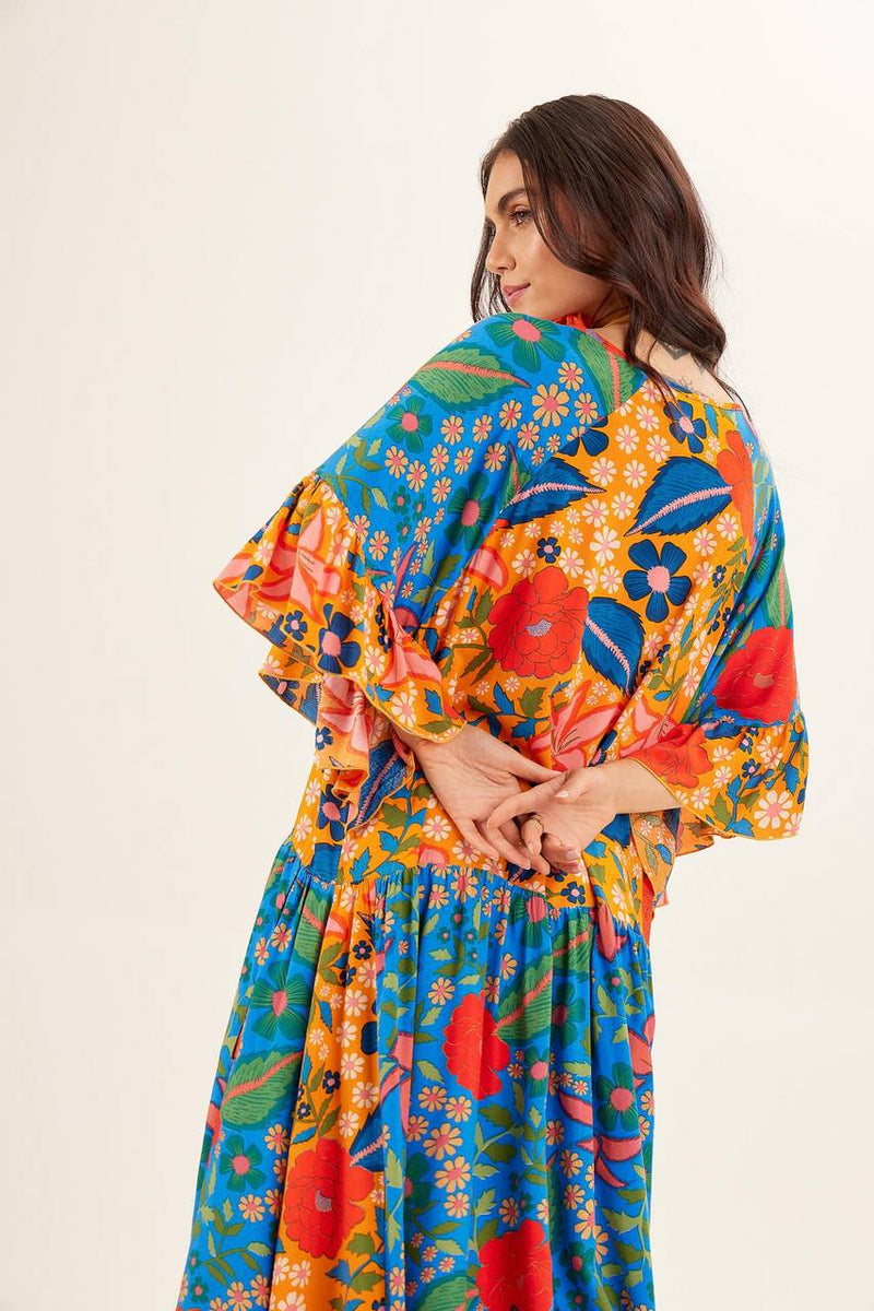 Vestido Longo Com Decote Redondo Amarelo E Azul Patchwork Yacamim