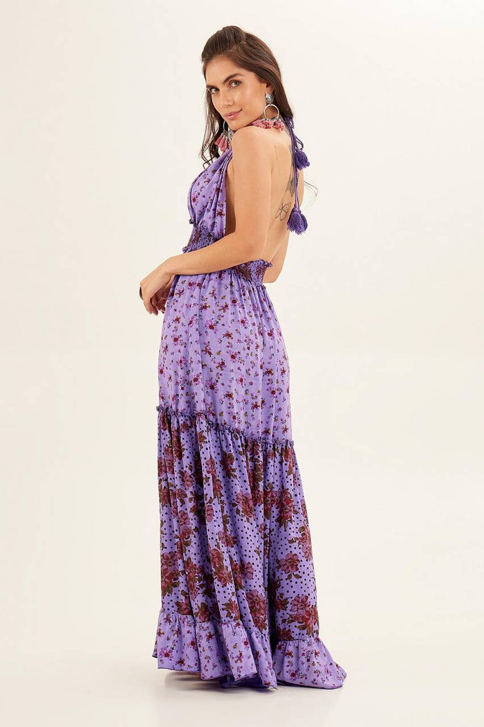 Vestido Longo De Frente Única Roxo Patchwork Yacamim