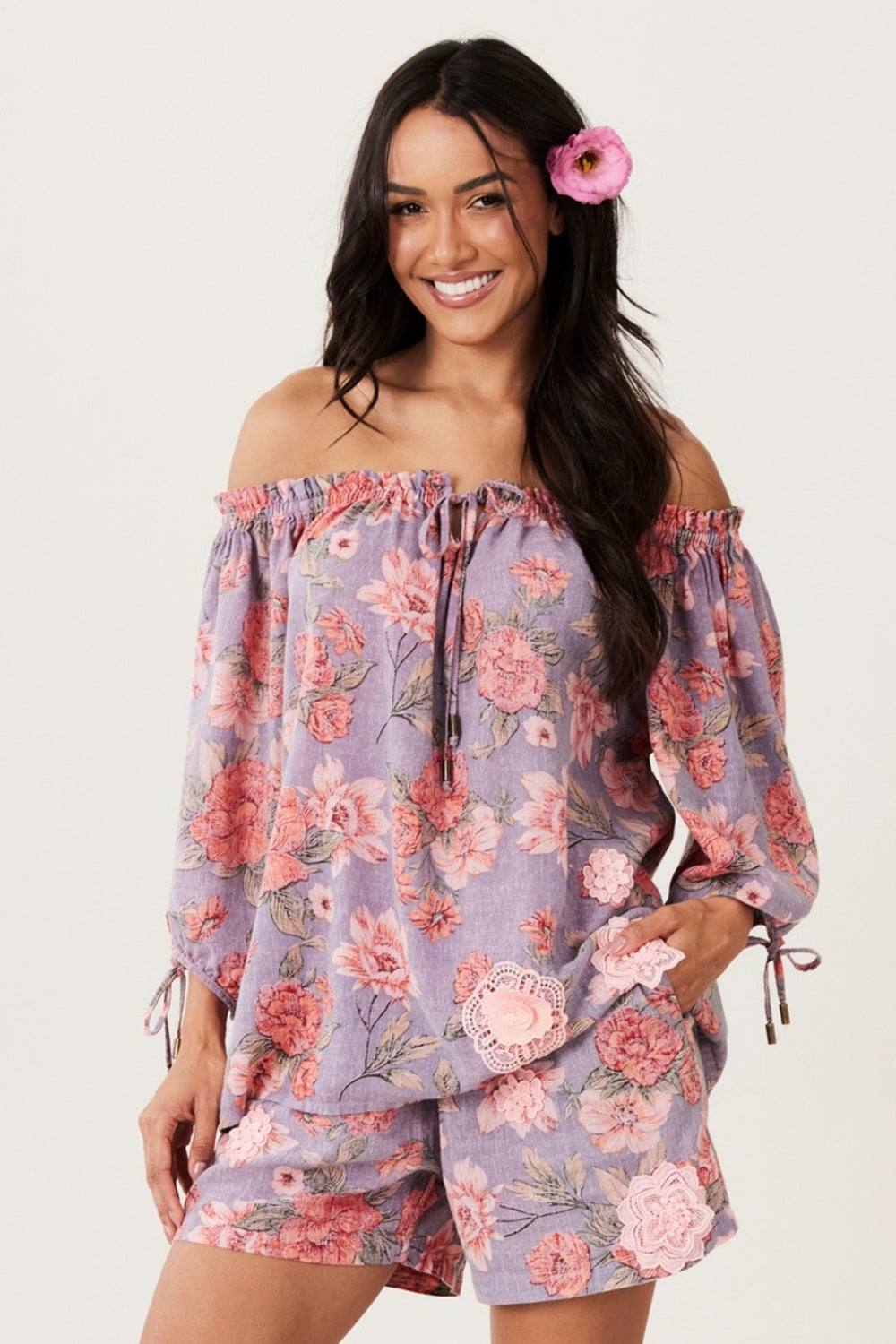 Bata Ciganinha Paraty 100% Algodão Lilás Floral Yacamim B10