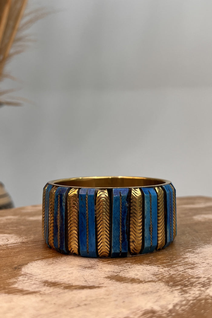 Pulseira Bracelete De Metal Com Detalhes Azuis Yacamim #272