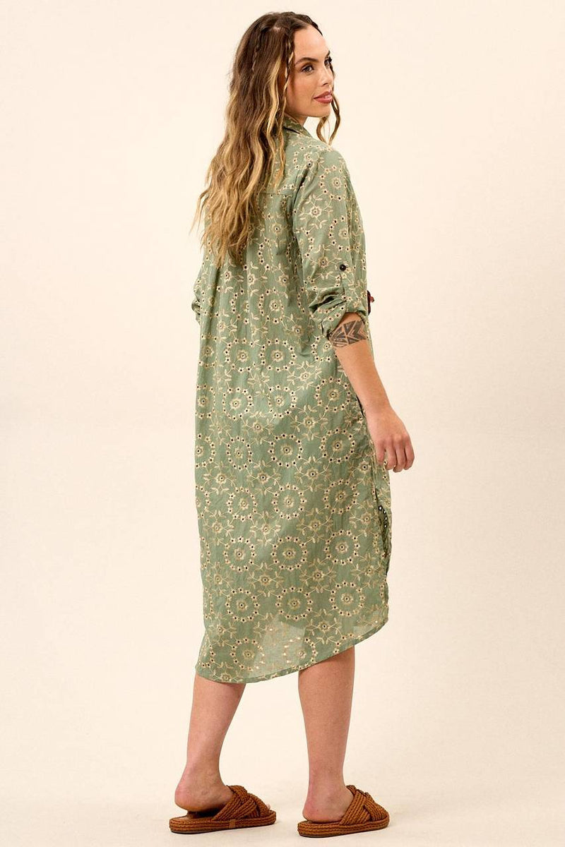 Chemise Midi Broderie Com Mangas Longas Verde Yacamim