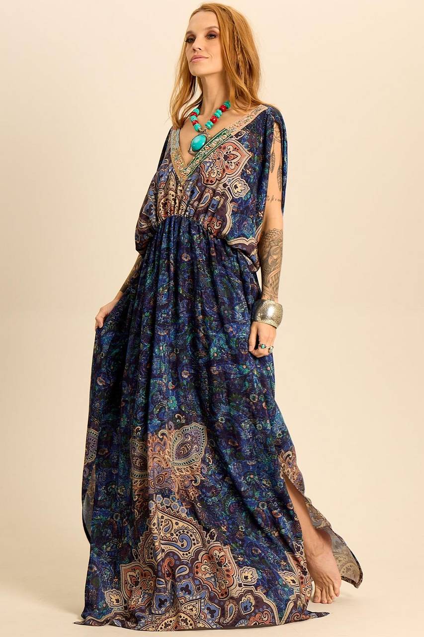 Vestido Longo Com Decote V Azul Estampa Paisley Yacamim