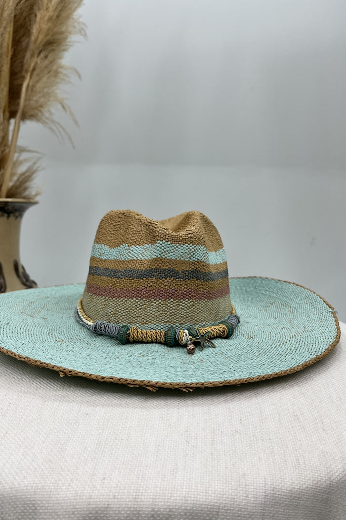 Chapéu De Palha Azul Turquesa Com Detalhes De Cordas Yacamim #197