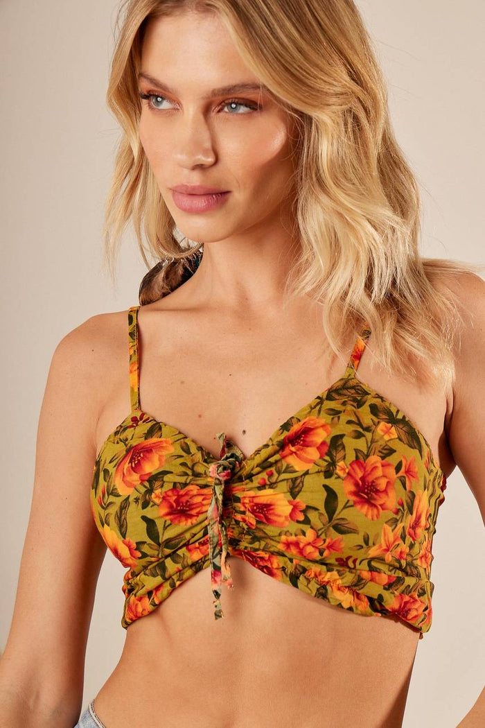 Top Cropped Lastex Costas Amarelo Estampado Yacamim F5