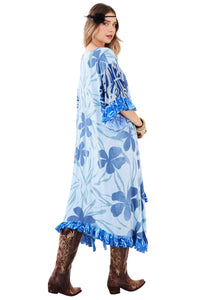Kaftan Midi Decote Em V Azul Claro Patchwork Yacamim J8