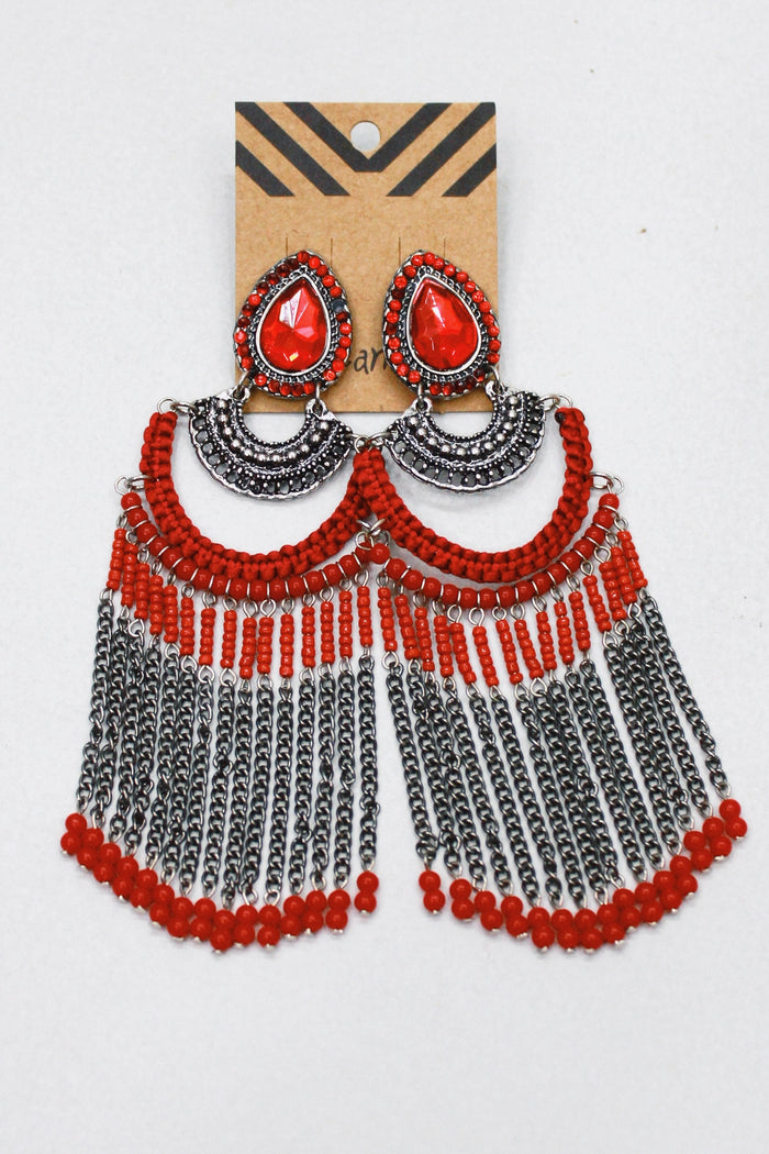 Brinco De Missangas E Macramê Vermelho Yacamim #401