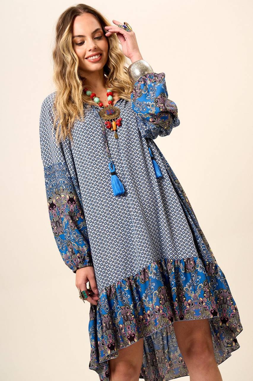 Vestido Curto Com Mangas Longas Bufantes Azul Patchwork Yacamim