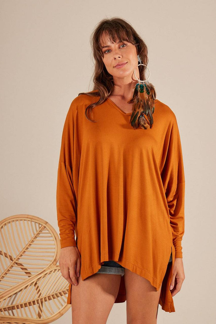 Blusa Básica Ampla Com As Costas Alongada Laranja Escuro Yacamim