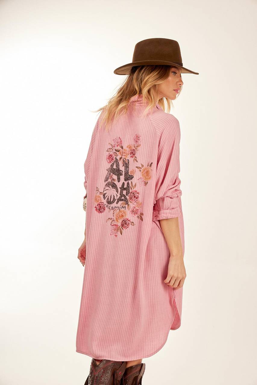 Chemise Amplo Com Estampa Exclusiva Nas Costas Rosa Listrada Yacamim N3