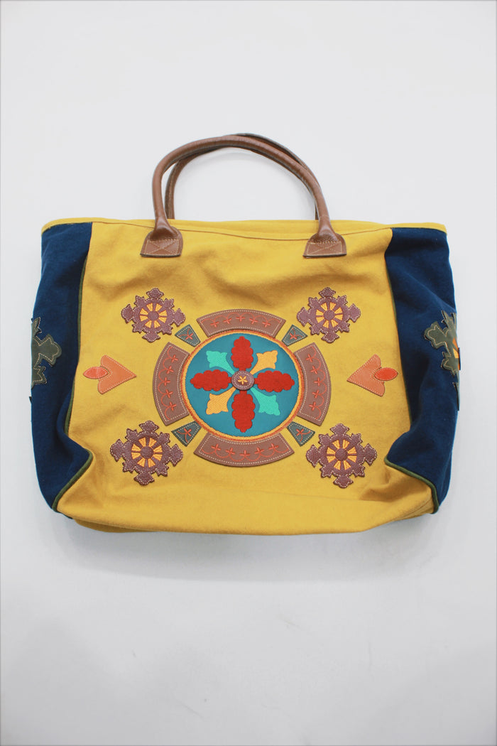 Bolsa De Lona Grande Artesanal Com Bordados Mostarda Yacamim #523