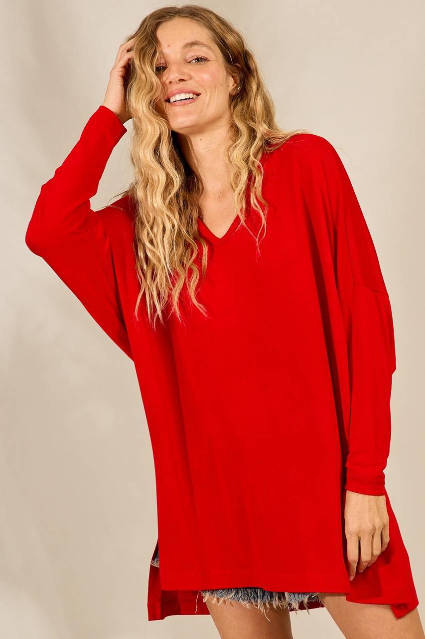 Blusa Ampla Básica Alongada Com Decote Em V Vermelho Yacamim B5