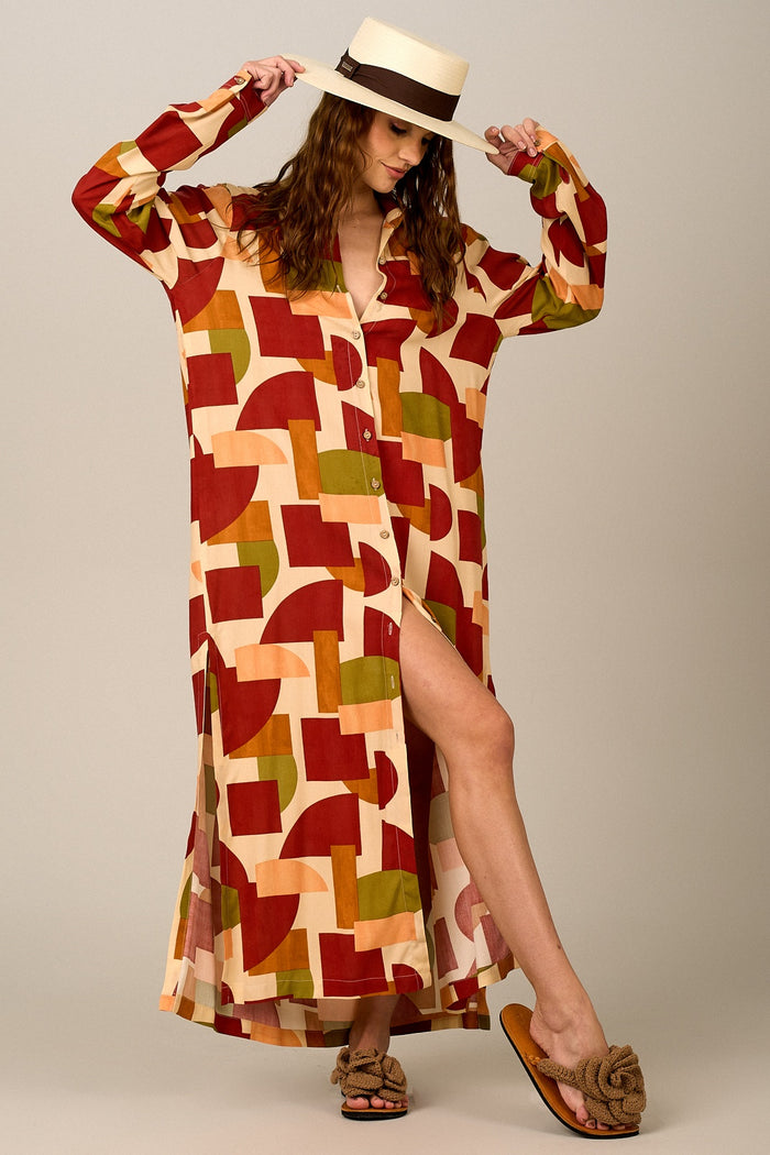 Chemise Longa Ampla Estampas Geométricas Yacamim N4