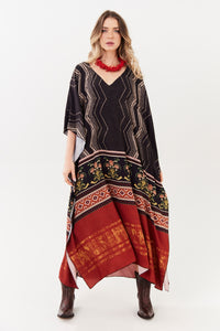 Kaftan Amplo Preto E Terracota Estampado Yacamim J5