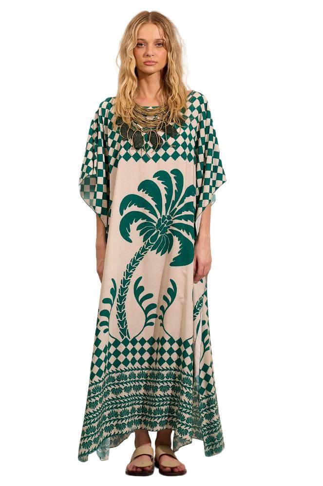 Kaftan Amplo Longo Decote Canoa Verde Estampado Yacamim J2