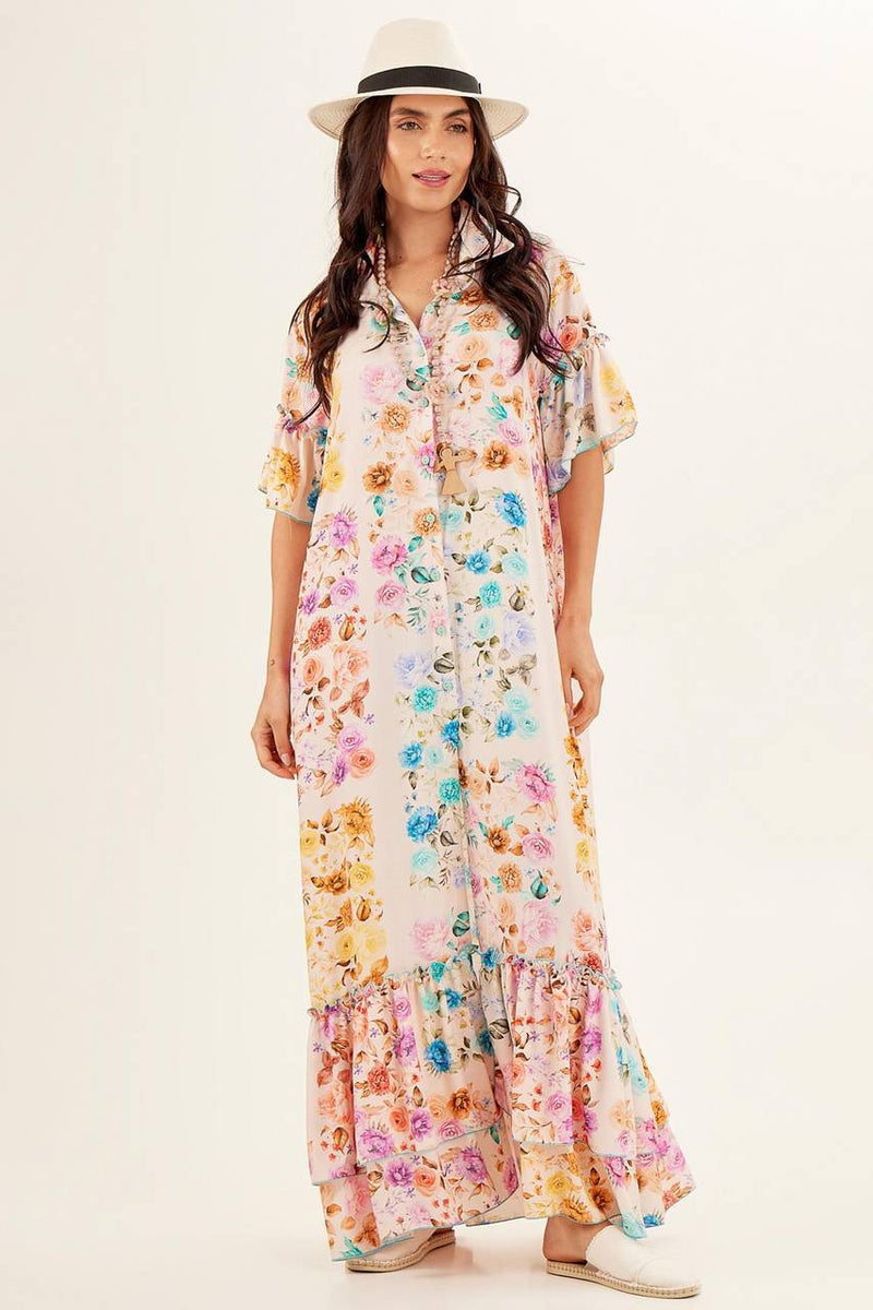 Vestido Chemise Longo Bege Estampa Floral Yacamim