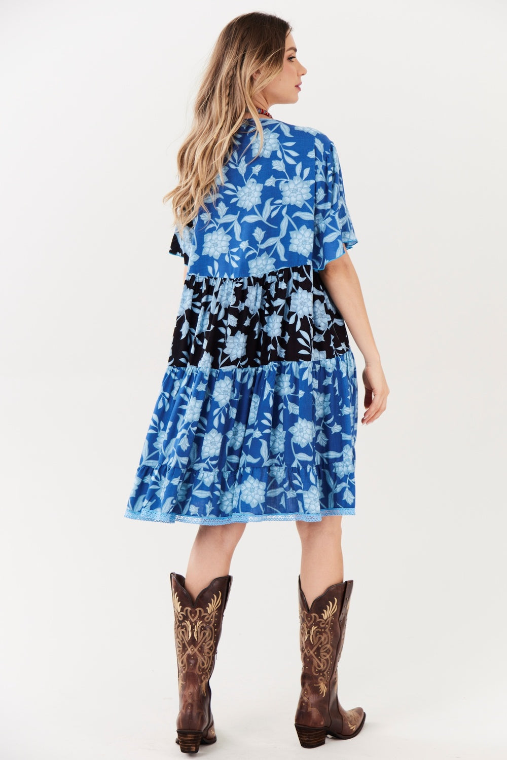 Vestido Curto Azul Estampado Patchwork Yacamim C10