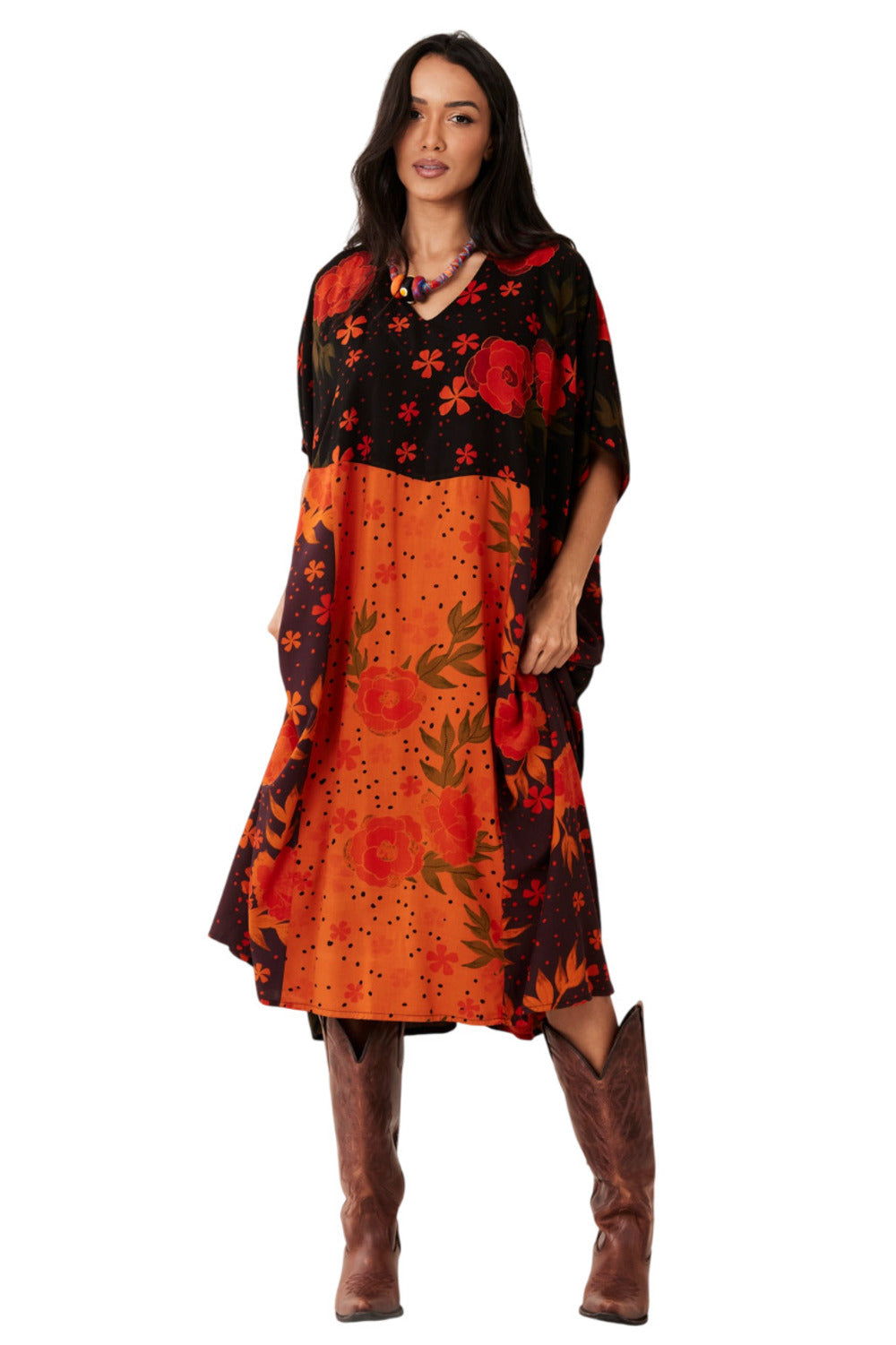 Kaftan Midi Preto E Vermelho Patchwork Yacamim J3
