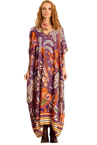 Kaftan Longo Amplo Com Decote Em V Roxo Escuro Estampado Yacamim J6