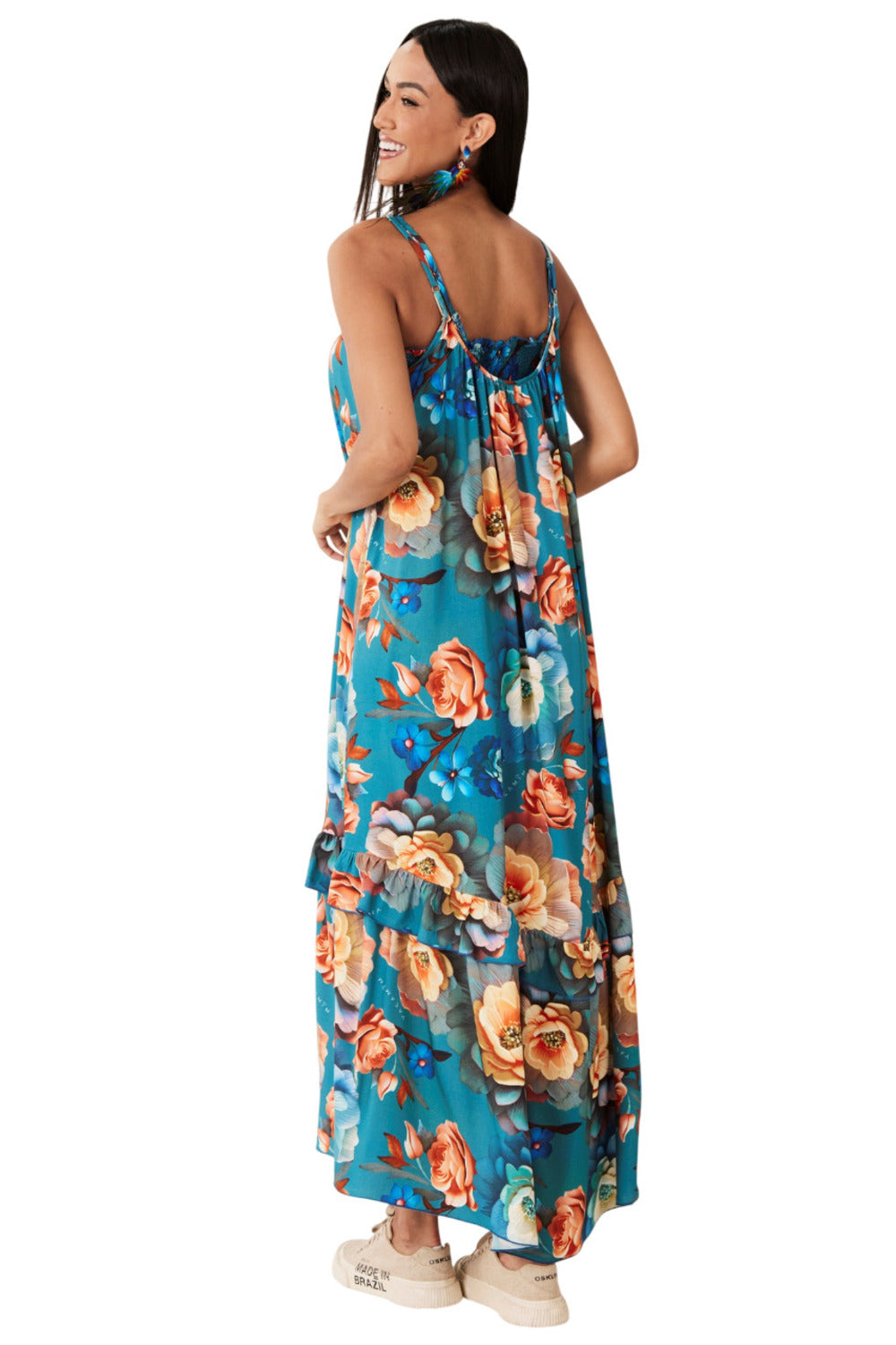 Vestido Longo Alças Com Top Turquesa Estampado Yacamim D29