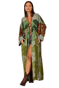 Kimono Longo Broderie Patchwork Verde Patchwork Yacamim J4