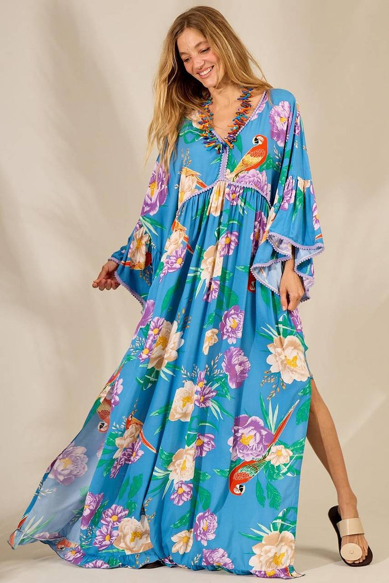 Vestido Longo Com Mangas Longas Flare Azul Claro Estampado Yacamim