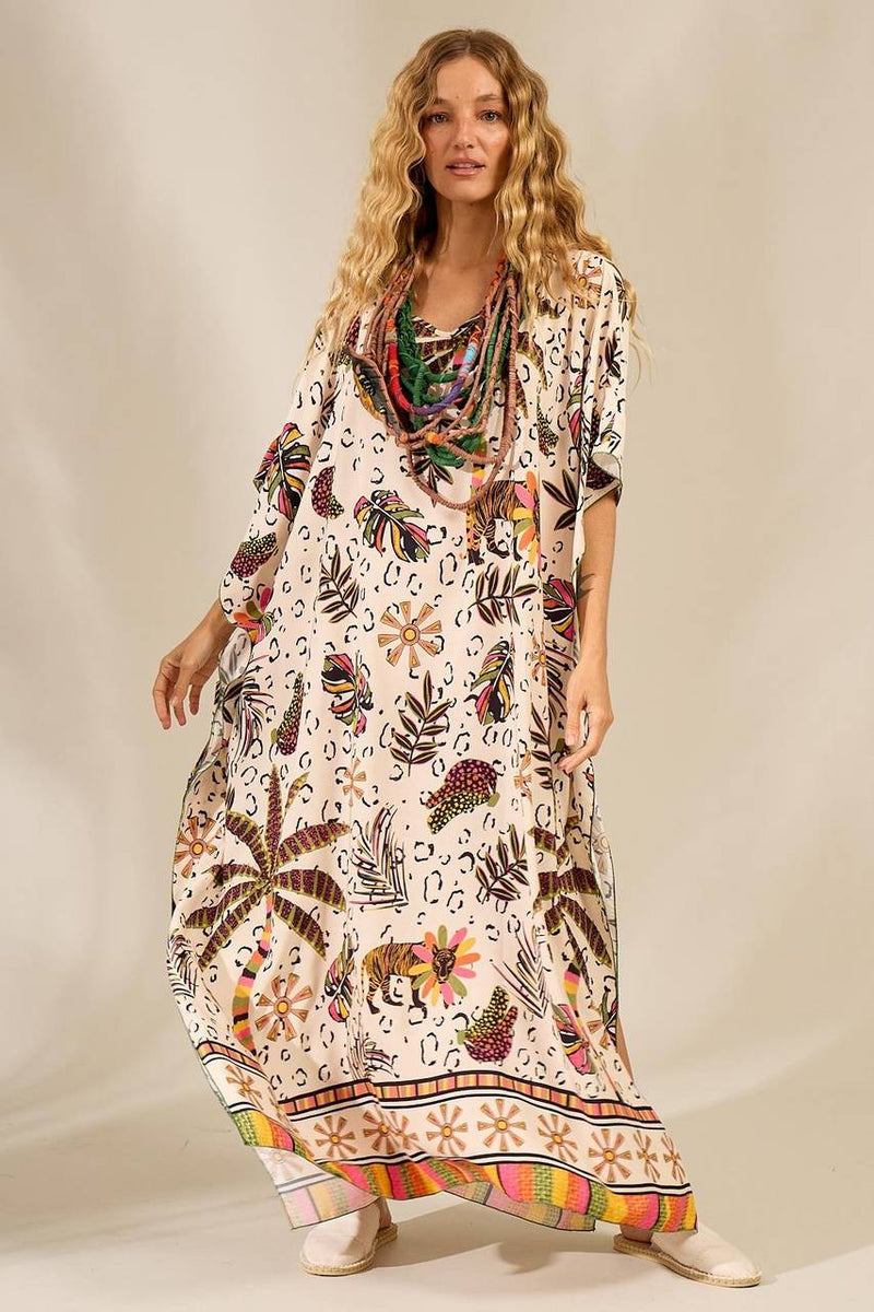 Kaftan Amplo Com Mangas 3/4 Bege Estampado Yacamim