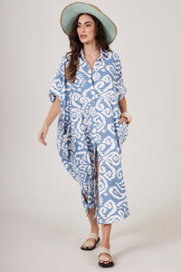 Chemise Midi Com Bolsões Azul Petróleo E Branco Estampado Yacamim N4
