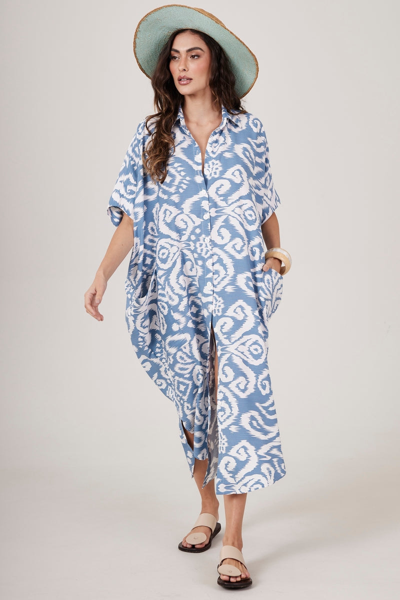 Chemise Midi Com Bolsões Azul Petróleo E Branco Estampado Yacamim N4