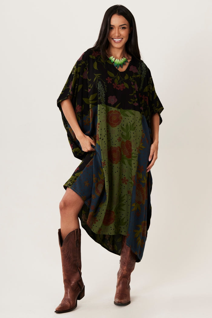 Kaftan Midi Preto E Verde Patchwork Yacamim I1