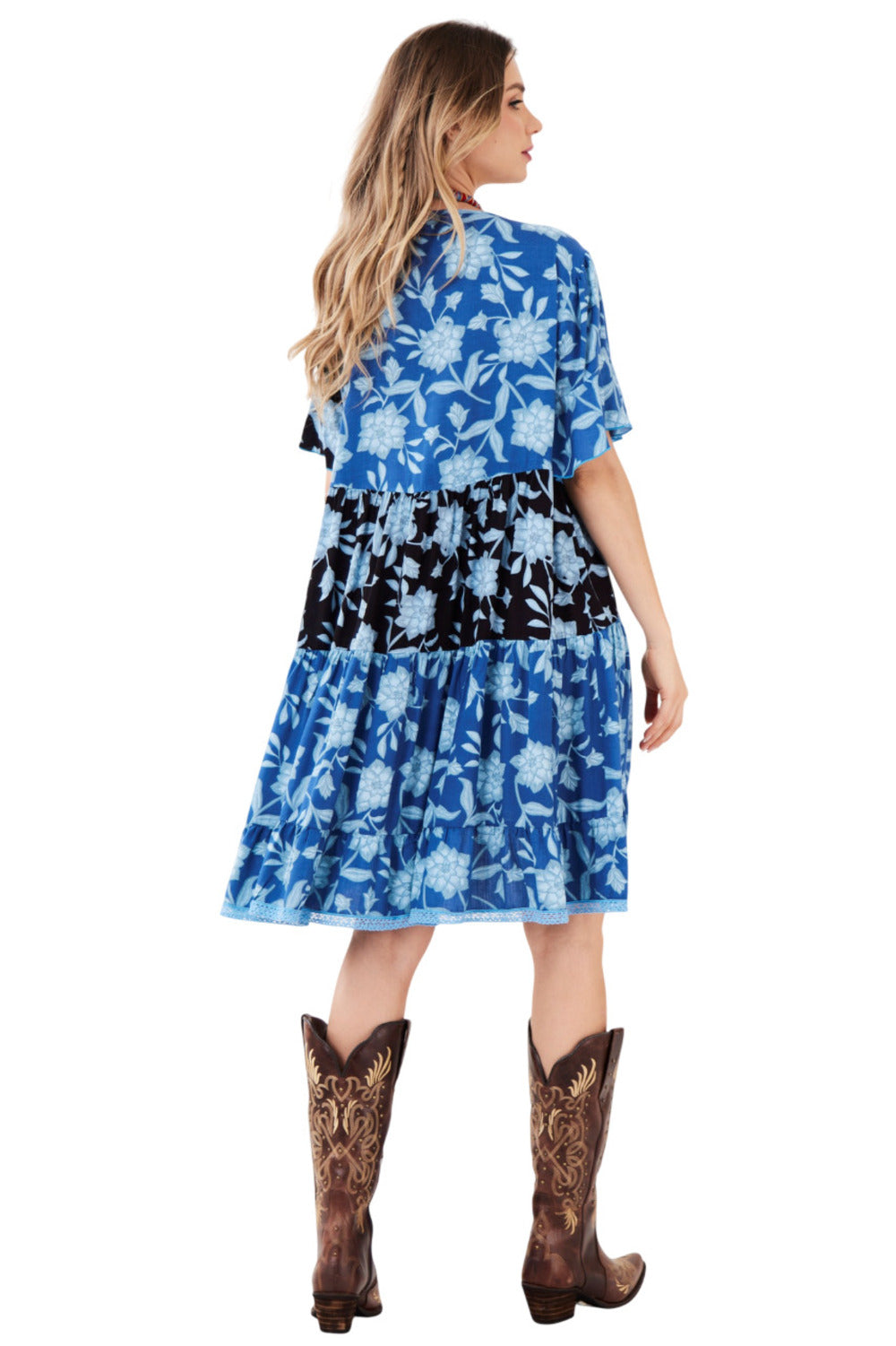 Vestido Curto Azul Estampado Patchwork Yacamim C10