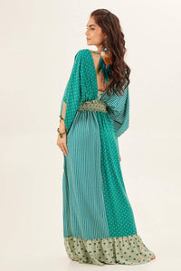 Vestido Longo Com Decote Em V Ombro A Ombro Verde Patchwork Yacamim