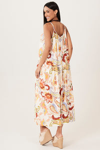 Vestido Midi De Alças Bege Estampa Cashmere Yacamim D17