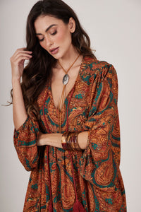 Vestido Longo Marrom Estampa Cashmere Yacamim D6