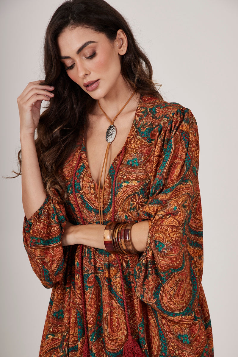 Vestido Longo Marrom Estampa Cashmere Yacamim D6