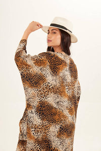 Vestido Midi Com Mangas 3/8 Animal Print Yacamim