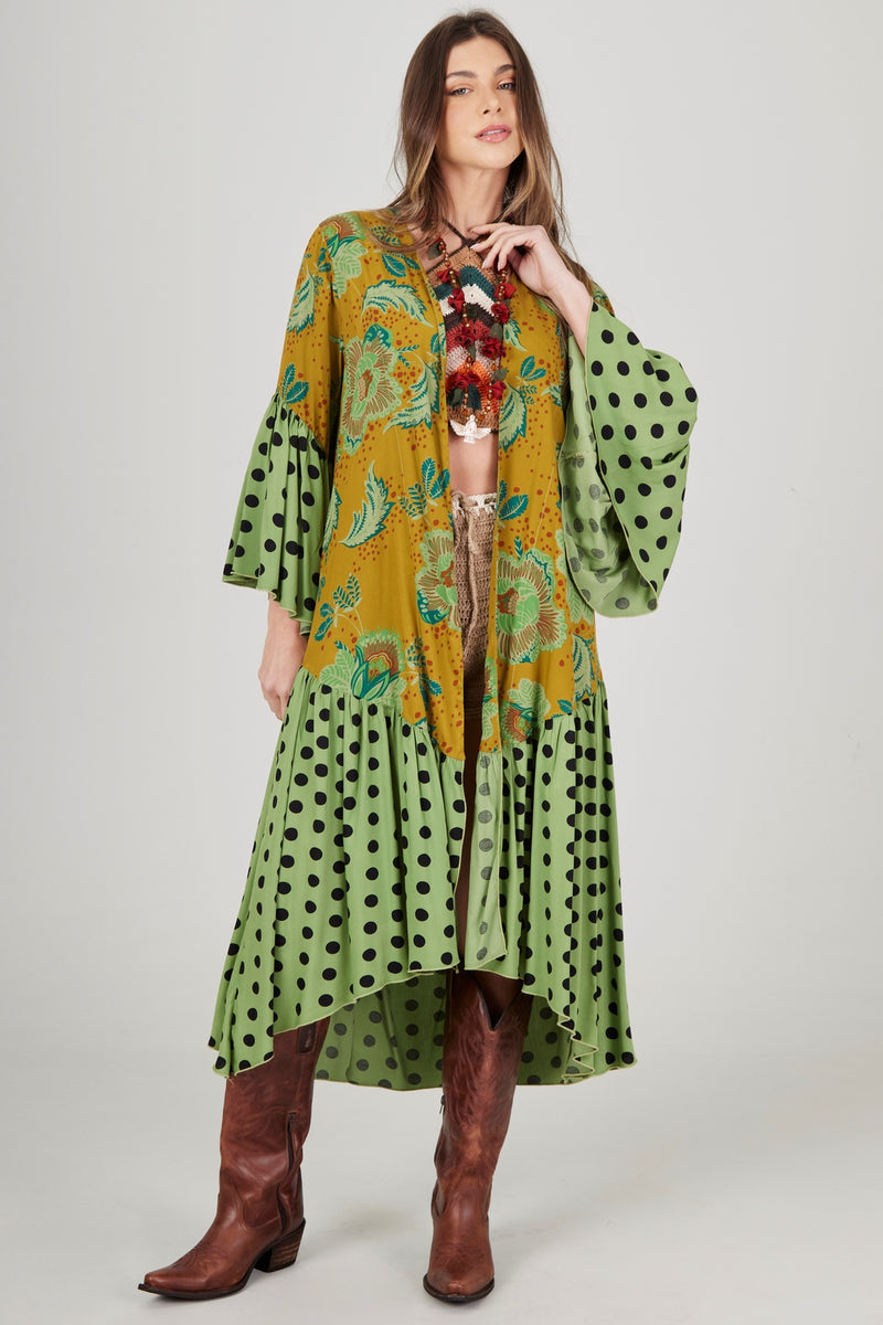 Kimono Longo Com Manga Flare Verde Poá Patchwork Yacamim J9