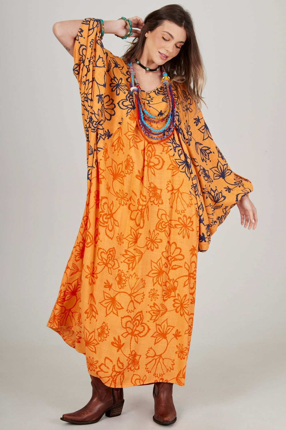 Vestido Longo Laranja Flor De Lótus Patchwork Yacamim C24