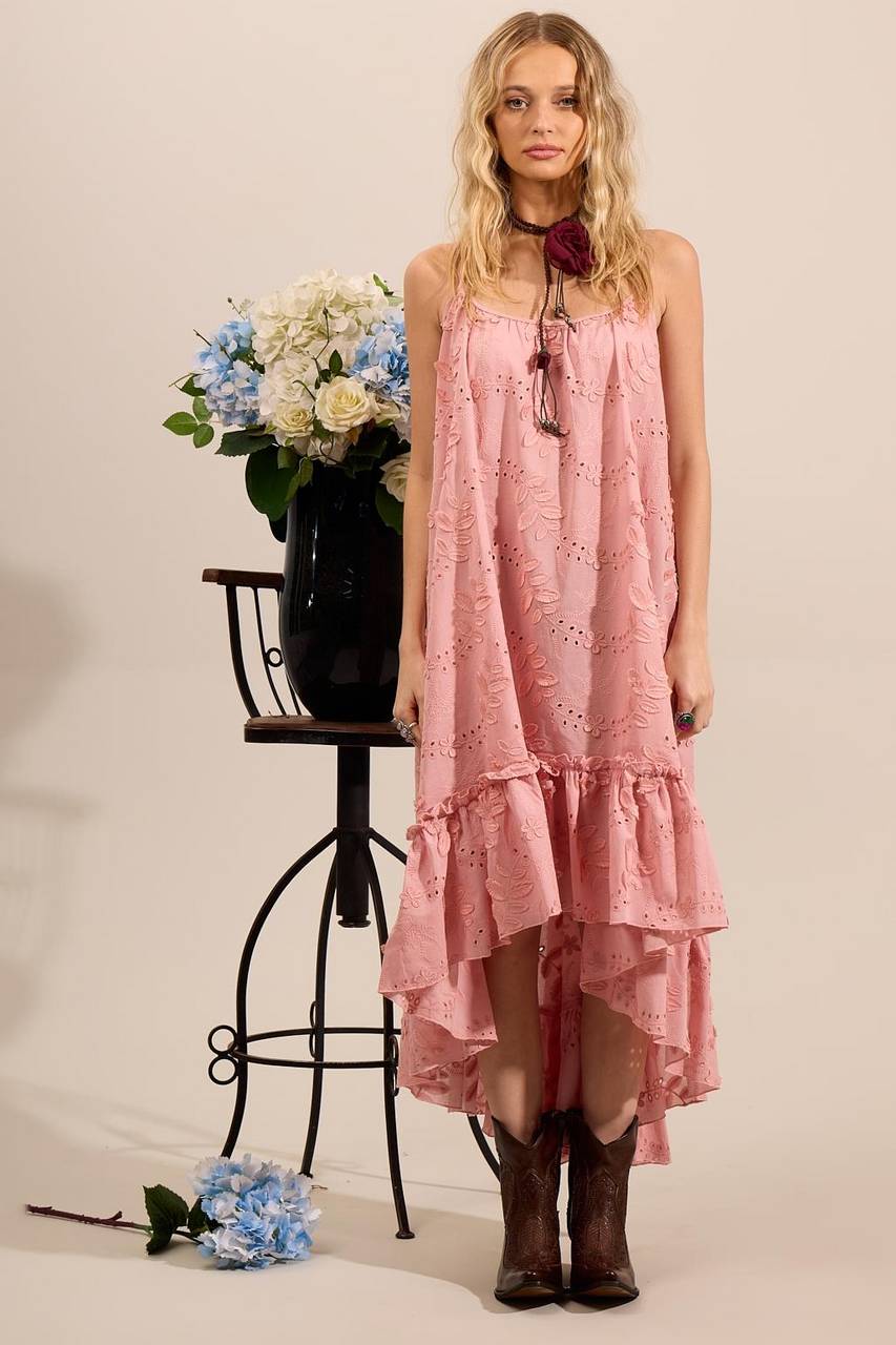 Vestido Mullet Broderie Com Flores Bordadas Rosé Yacamim D8