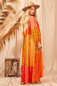 Vestido Longo Com Mangas Longas Bufantes Patchwork Yacamim D10