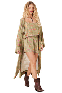 Kimono Longo Verde Oliva Estampa Love Yacamim J10