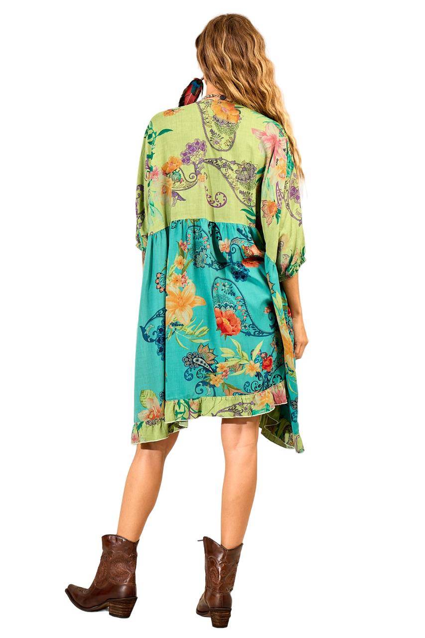 Vestido Curto Amplo Com Decote Em V Verde Patchwork Yacamim