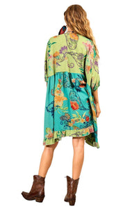 Vestido Curto Amplo Com Decote Em V Verde Patchwork Yacamim