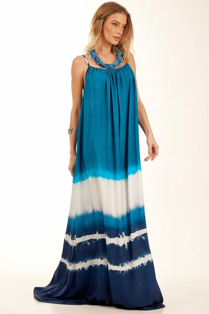 Vestido Longo Amplo De Costas Abertas Azul Estampa Tie Dye Yacamim