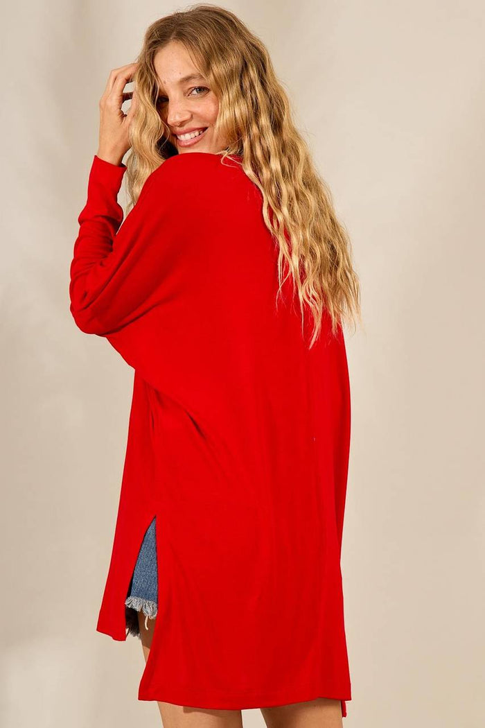 Blusa Ampla Básica Alongada Com Decote Em V Vermelho Yacamim B5