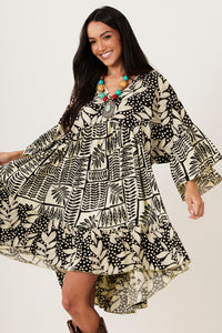 Vestido Curto Com Mangas 3/8 Verde Oliva Estampado Yacamim C8