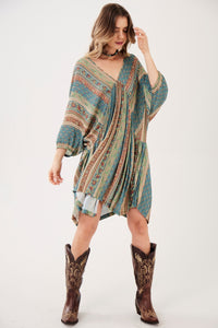 Vestido Curto Decote Em V Verde Listrado Estampado Yacamim C7