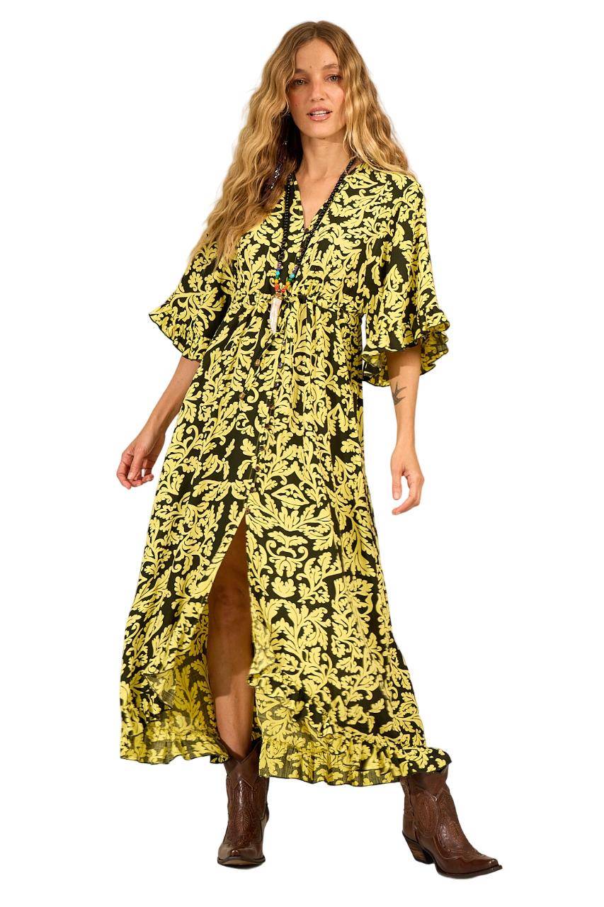 Vestido Longo Com Mangas 3/4 Amplas Verde Estampado Yacamim C1