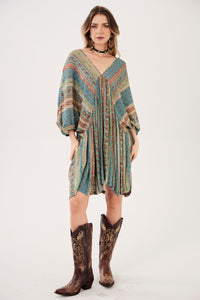 Vestido Curto Decote Em V Verde Listrado Estampado Yacamim C7